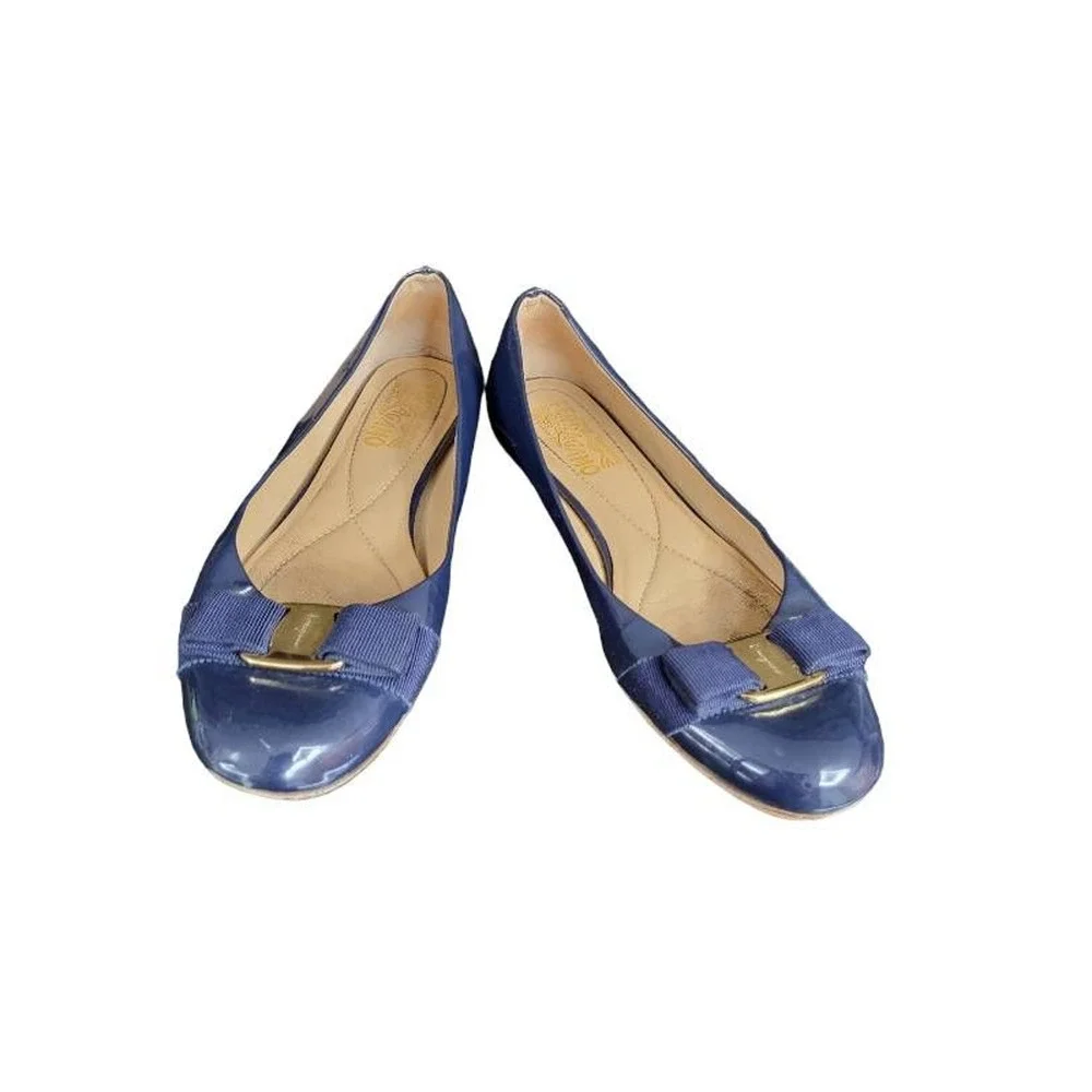 Salvatore Ferragamo Womens Varina Oxford Flat Shoes Blue Patent Leather Bow 7_3